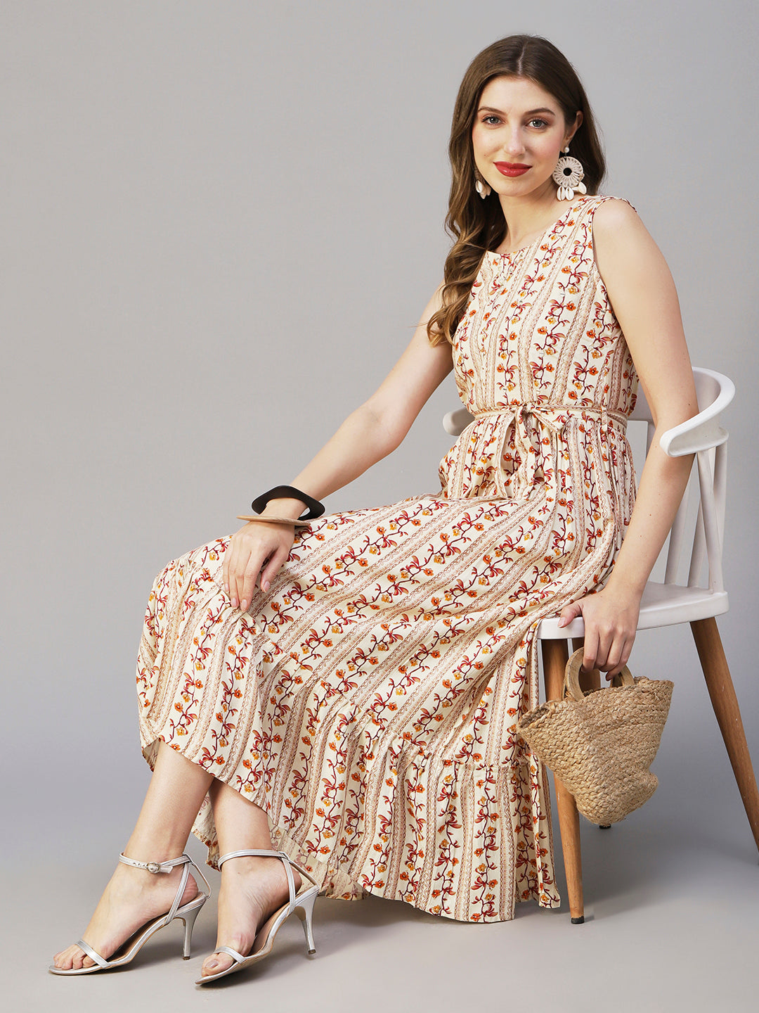 Floral & Foil Printed Mirror Embroidered Flared Maxi Dress With Tie-up Waist Belt - Off-White