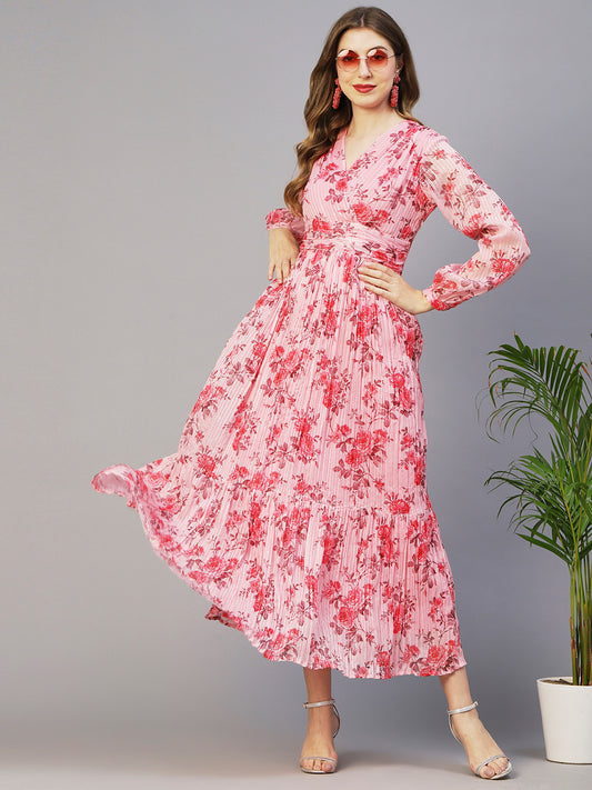 Floral Printed Sequins & Resham Striped Pleated Maxi Dress - Pink