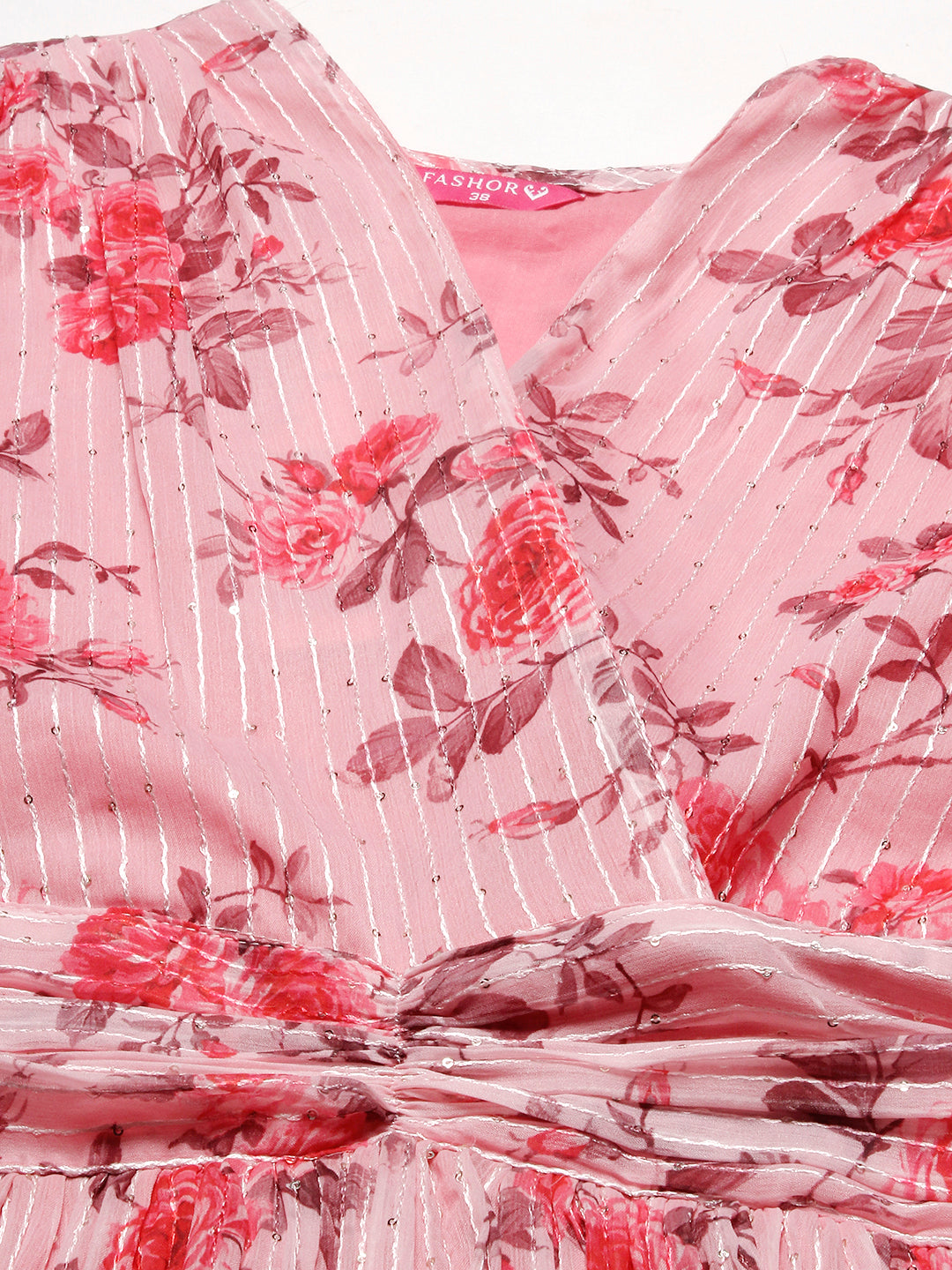 Floral Printed Sequins & Resham Striped Pleated Maxi Dress - Pink