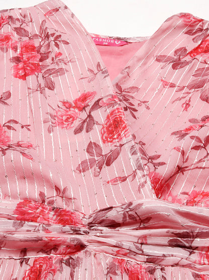 Floral Printed Sequins & Resham Striped Pleated Maxi Dress - Pink