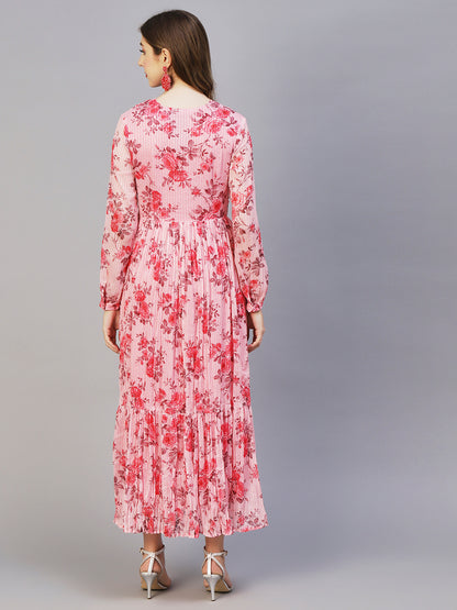 Floral Printed Sequins & Resham Striped Pleated Maxi Dress - Pink