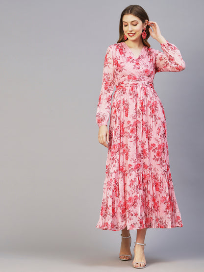 Floral Printed Sequins & Resham Striped Pleated Maxi Dress - Pink