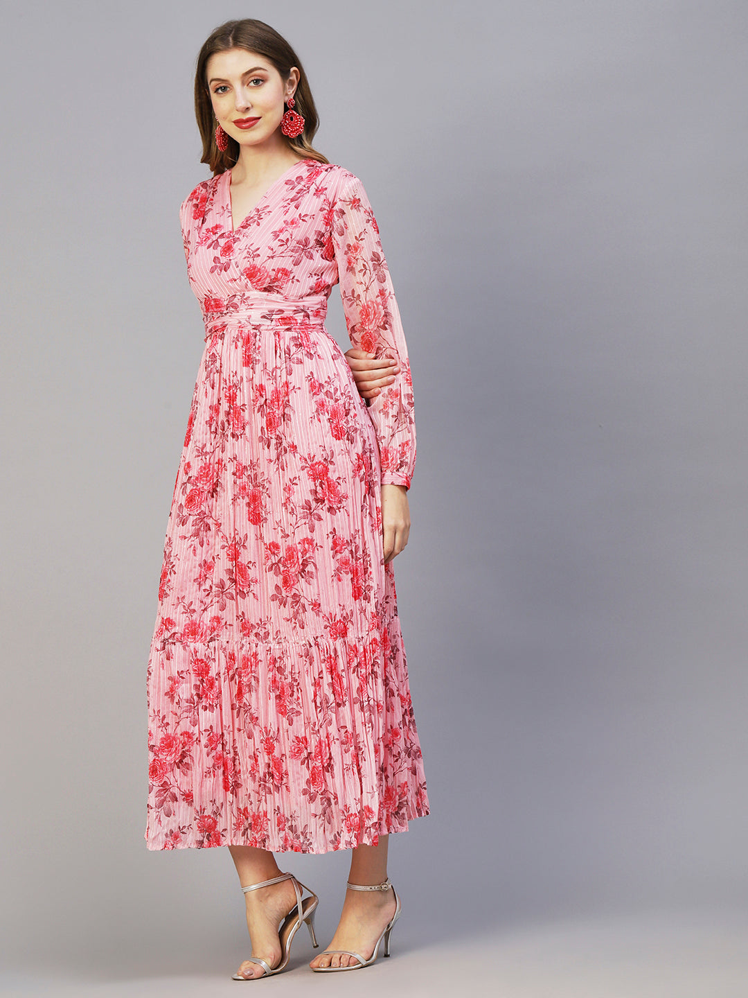 Floral Printed Sequins & Resham Striped Pleated Maxi Dress - Pink