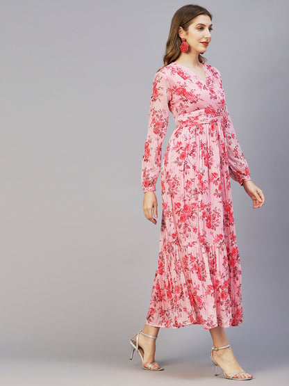 Floral Printed Sequins & Resham Striped Pleated Maxi Dress - Pink