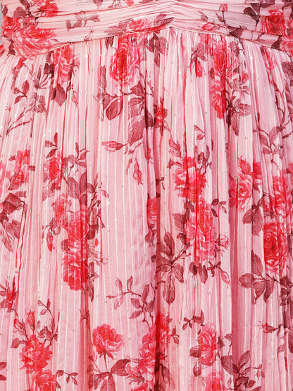 Floral Printed Sequins & Resham Striped Pleated Maxi Dress - Pink