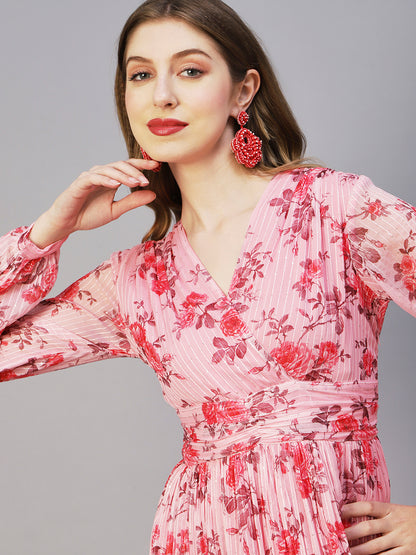 Floral Printed Sequins & Resham Striped Pleated Maxi Dress - Pink