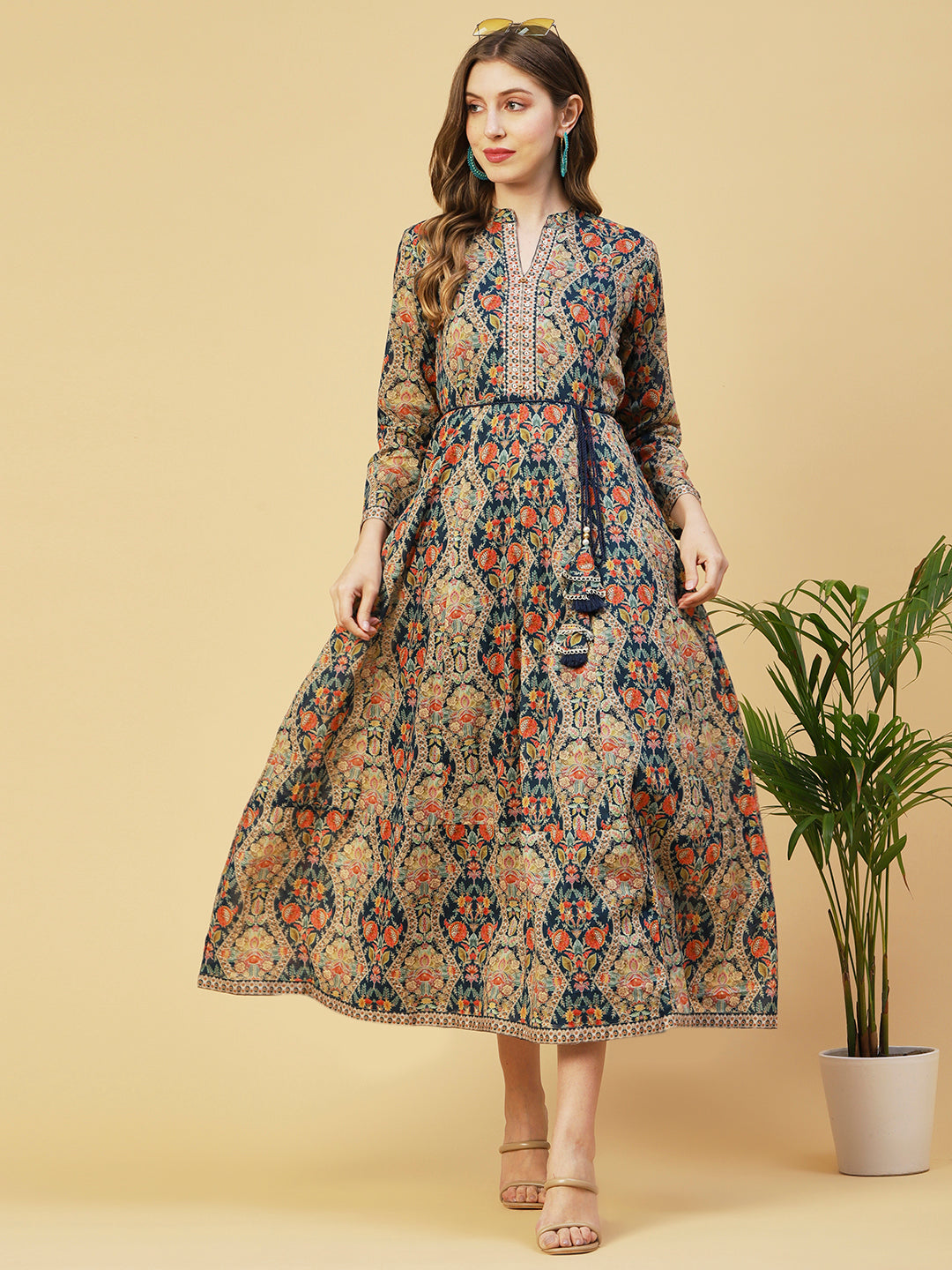 Ethnic Floral Printed & Embroidered Anarkali Flared Maxi Dress - Teal Blue