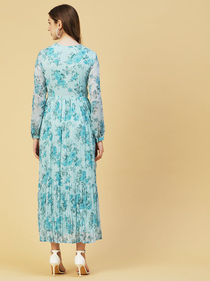 Floral Printed Sequins & Resham Striped Pleated Maxi Dress - Sky Blue