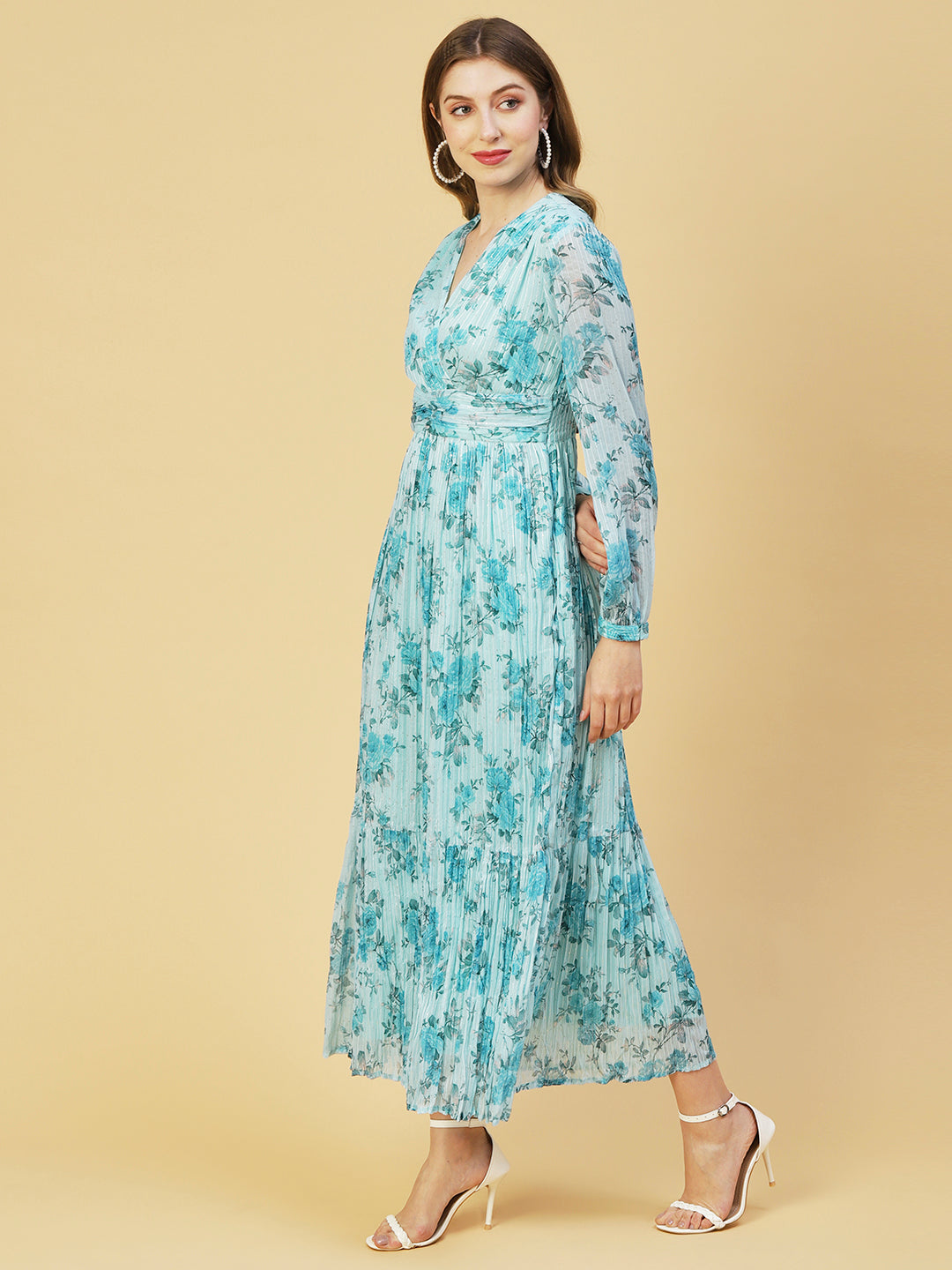 Floral Printed Sequins & Resham Striped Pleated Maxi Dress - Sky Blue