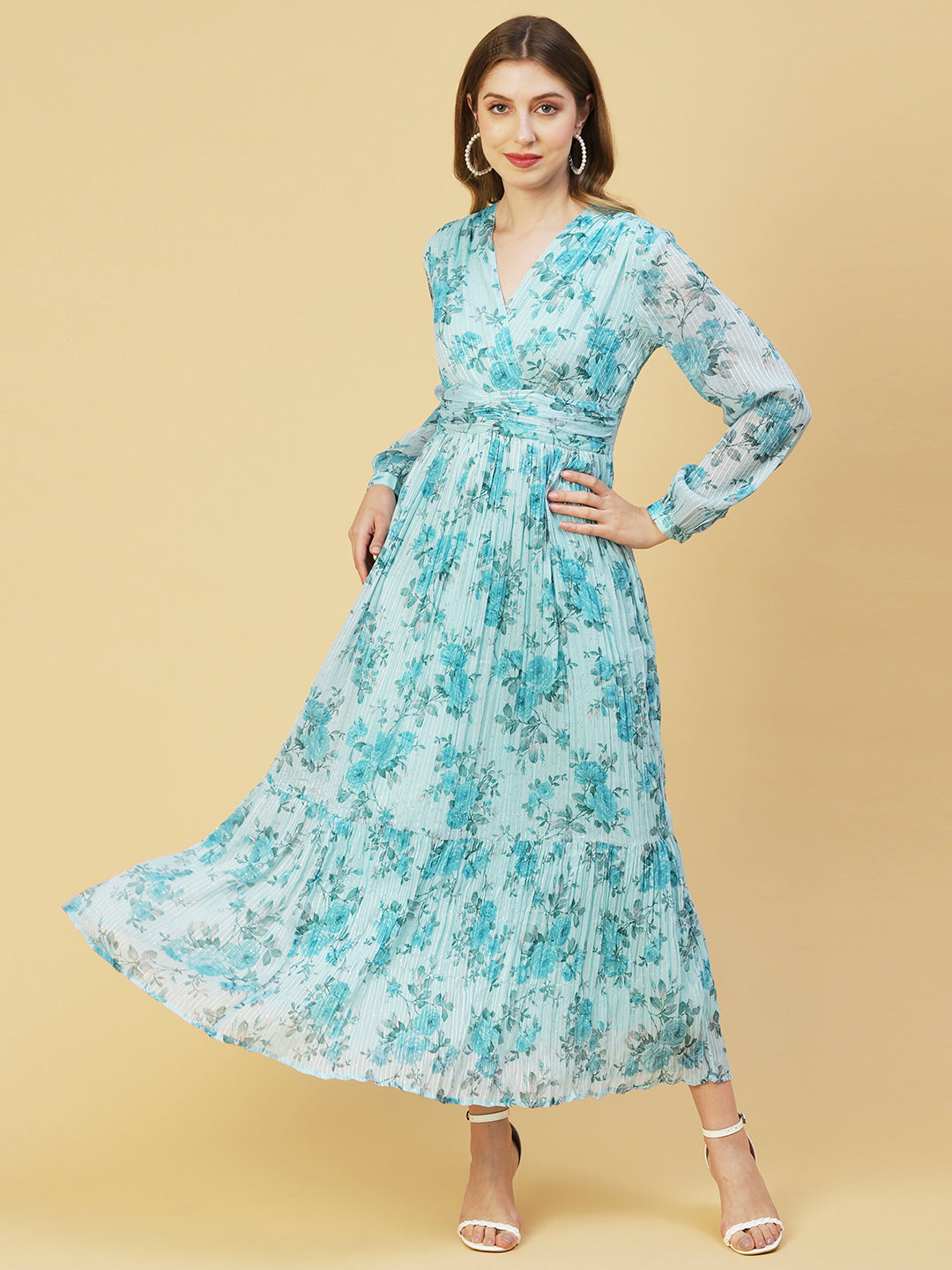 Floral Printed Sequins Resham Striped Pleated Maxi Dress Sky Blue FASHOR