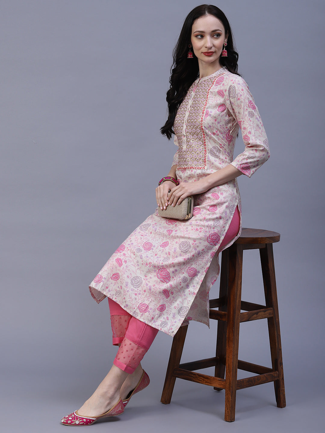 Floral Printed Resham, Sequins & Zari Embroidered Kurta - Off-White