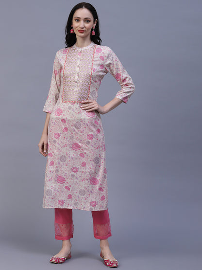 Floral Printed Resham, Sequins & Zari Embroidered Kurta - Off-White