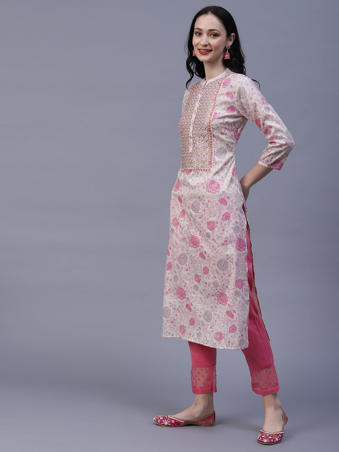 Floral Printed Resham, Sequins & Zari Embroidered Kurta - Off-White