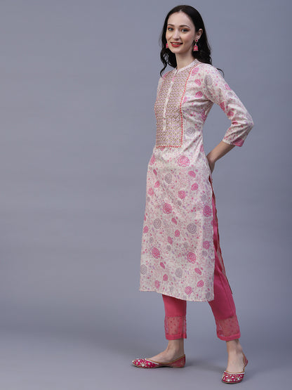 Floral Printed Resham, Sequins & Zari Embroidered Kurta - Off-White