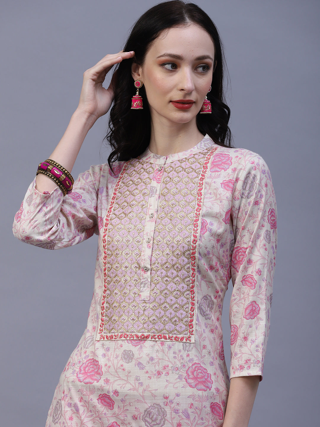 Floral Printed Resham, Sequins & Zari Embroidered Kurta - Off-White