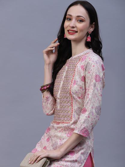 Floral Printed Resham, Sequins & Zari Embroidered Kurta - Off-White