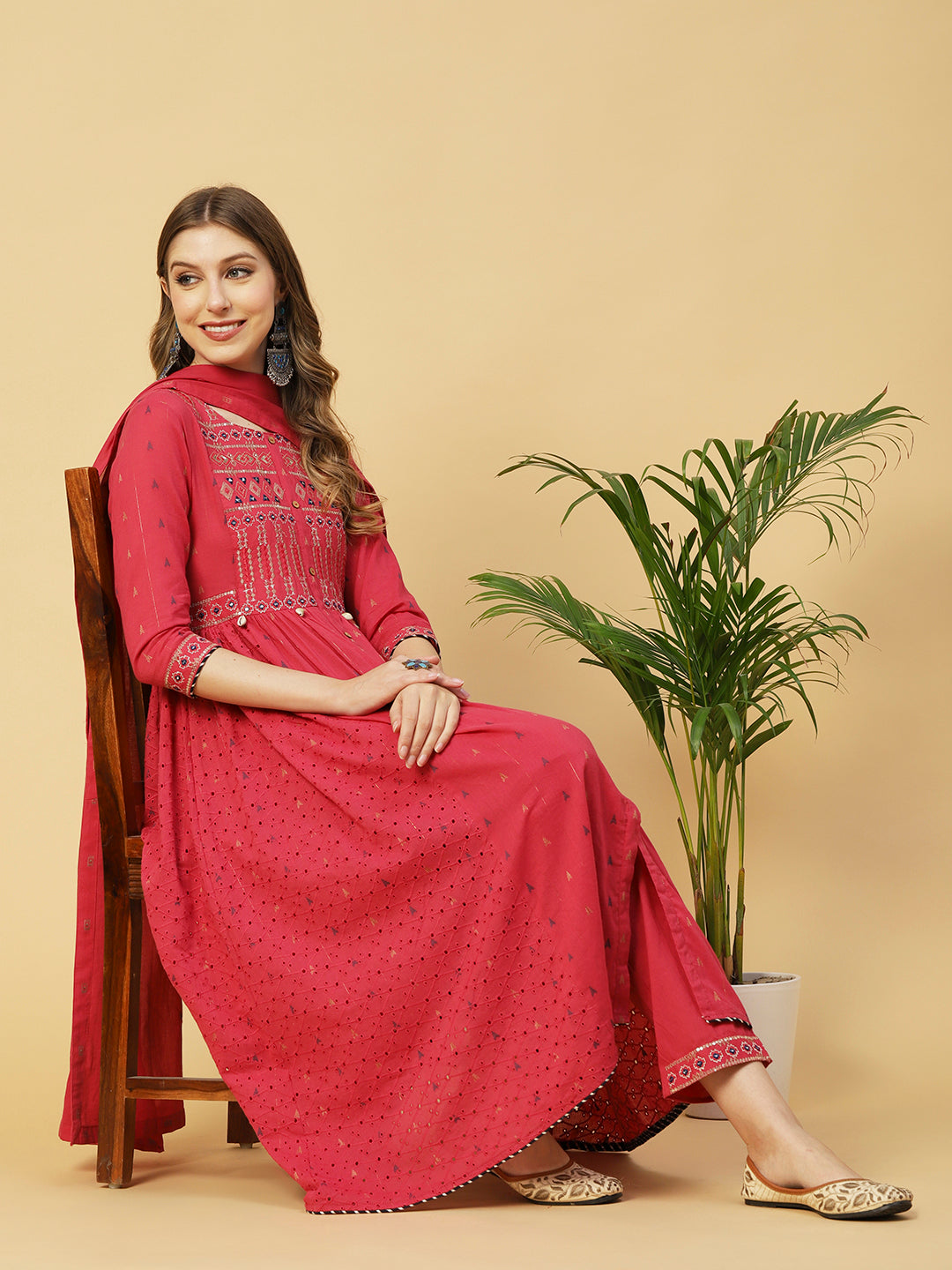 Ethnic Woven & Embroidered A-Line Kurta with Pant & Dupatta - Pink