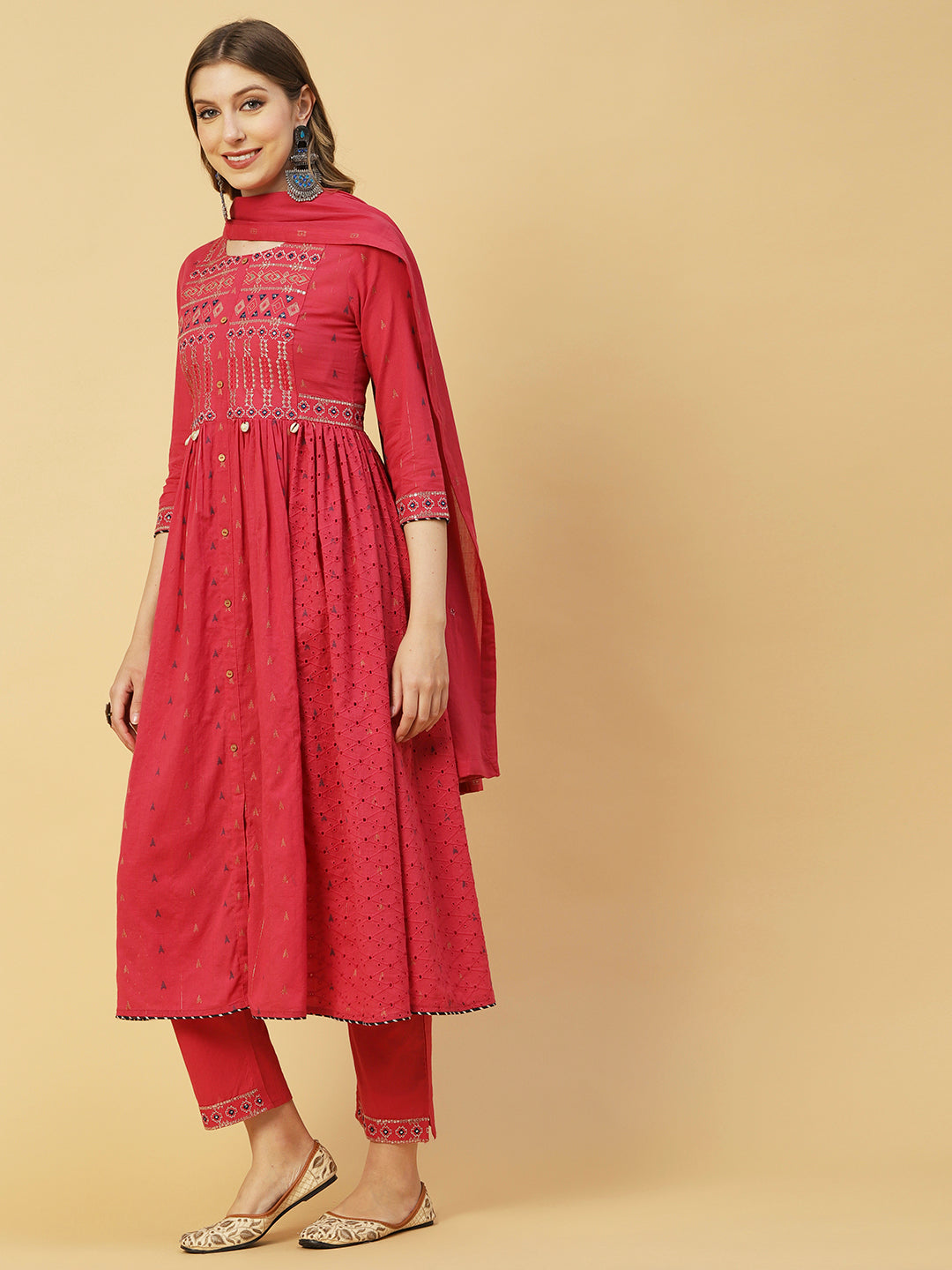 Ethnic Woven & Embroidered A-Line Kurta with Pant & Dupatta - Pink