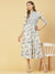 Floral Printed Crochet Lace Embellished Pleated Kalidar Midi Dress - White & Blue