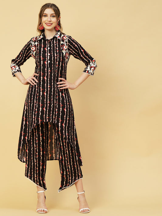 Abstract Foil Printed Mirror & Leather Embroidered Asymmetric High-Low Kurta With Asymmetric Pants - Black