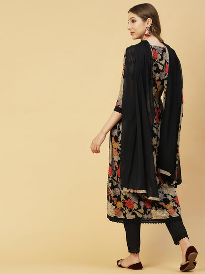 Floral Printed Mirror Embroidered Flared Kurta With Pants & Dupatta - Black