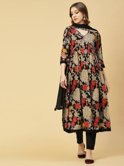 Floral Printed Mirror Embroidered Flared Kurta With Pants & Dupatta - Black