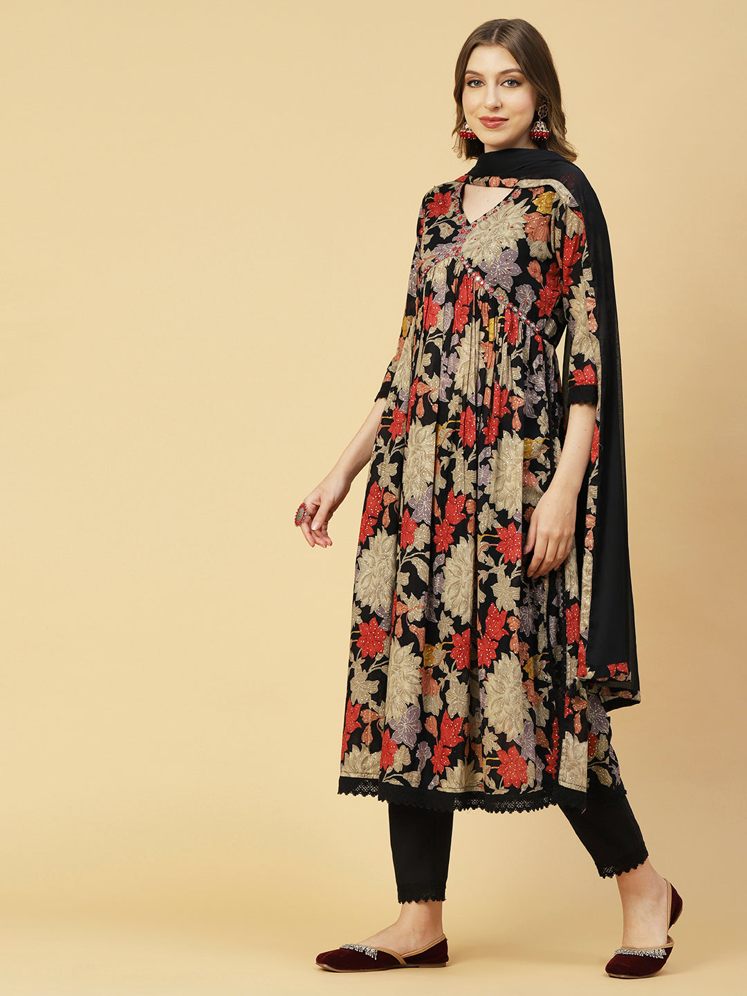 Floral Printed Mirror Embroidered Flared Kurta With Pants & Dupatta - Black