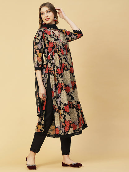 Floral Printed Mirror Embroidered Flared Kurta With Pants & Dupatta - Black