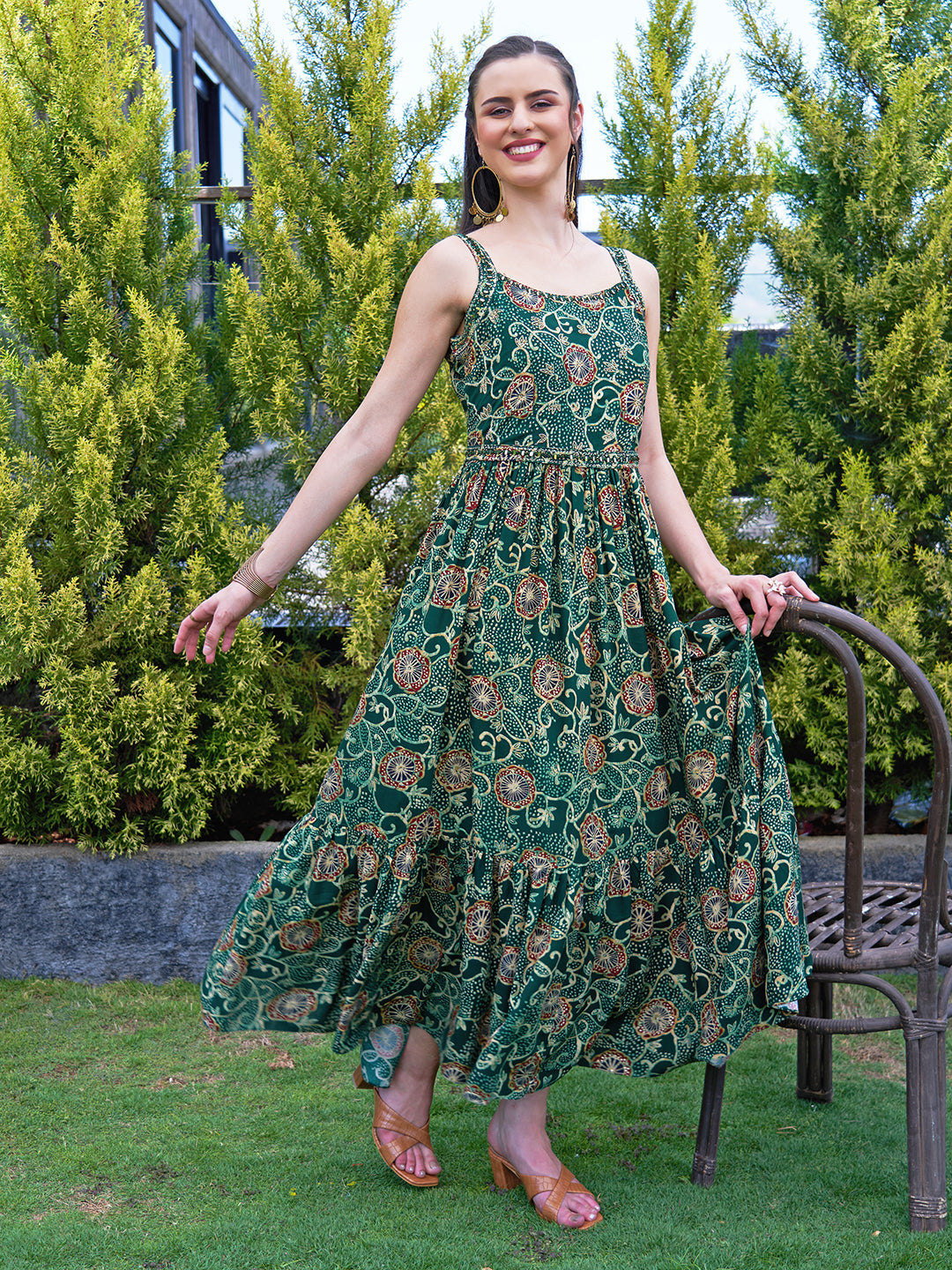 Floral Printed Mirror Beads Embroidered Maxi Dress With Embroidered Belt Green