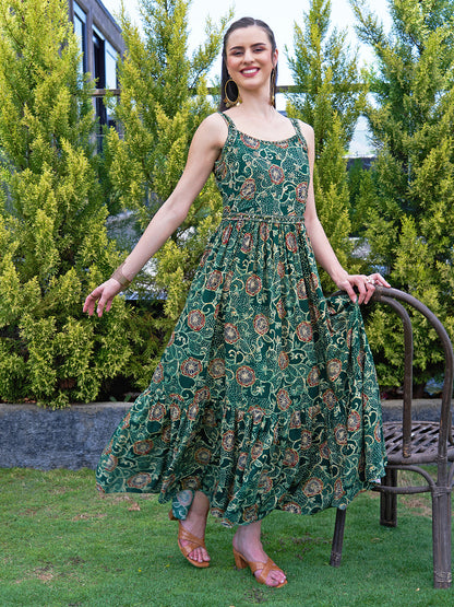 Floral Printed Mirror & Beads Embroidered Maxi Dress With Embroidered Belt - Green