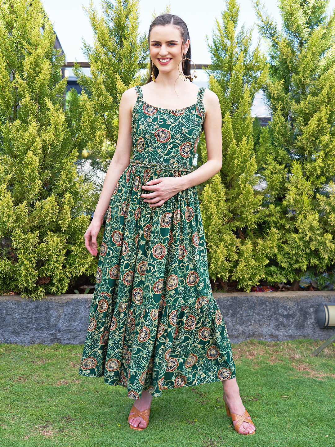 Floral Printed Mirror & Beads Embroidered Maxi Dress With Embroidered Belt - Green