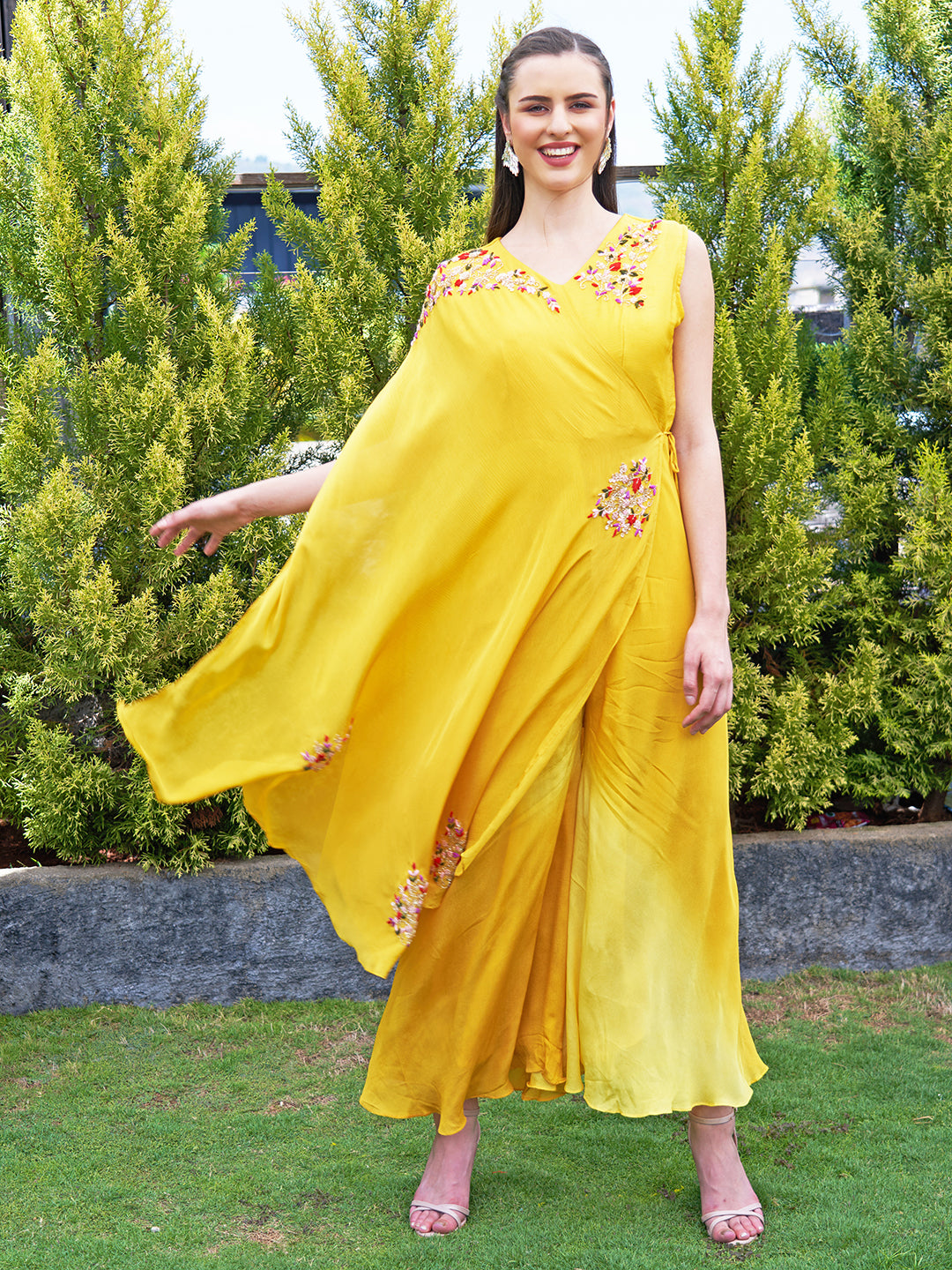 Solid Floral Hand Embroidered A-Line Layered Jumpsuit - Yellow
