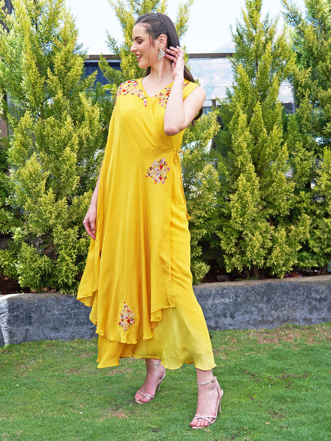 Solid Floral Hand Embroidered A-Line Layered Jumpsuit - Yellow