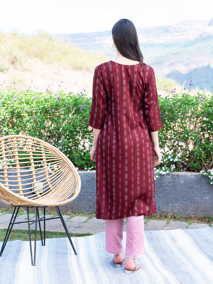 Floral Hand Embroidered Woven Stripes Straight Fit Kurta - Burgundy