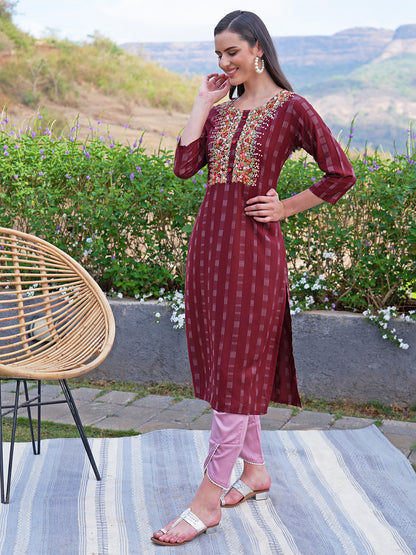 Floral Hand Embroidered Woven Stripes Straight Fit Kurta - Burgundy