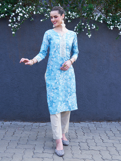 Floral Printed & Zari Embroidered Straight Fit Kurta - Powder Blue