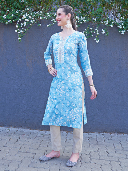 Floral Printed & Zari Embroidered Straight Fit Kurta - Powder Blue