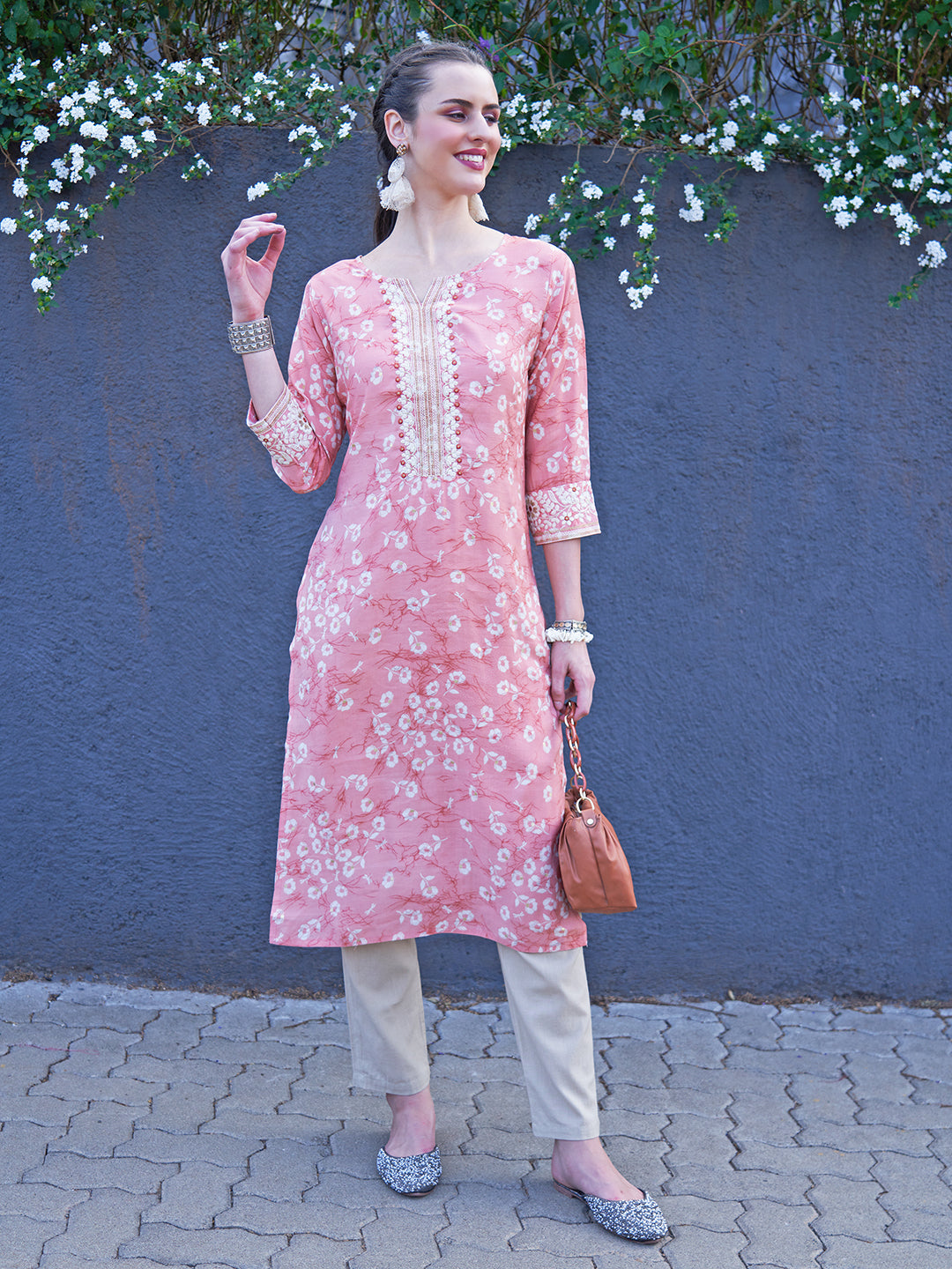 Floral Printed & Zari Embroidered Straight Fit Kurta - Light Coral Pink