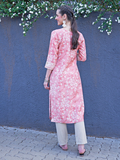 Floral Printed & Zari Embroidered Straight Fit Kurta - Light Coral Pink