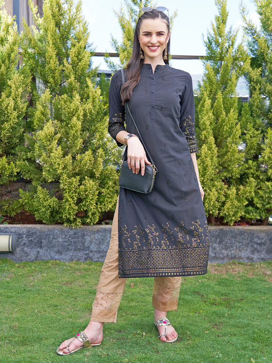 Ethnic Sequin Embroidered Straight Black Kurta - Black