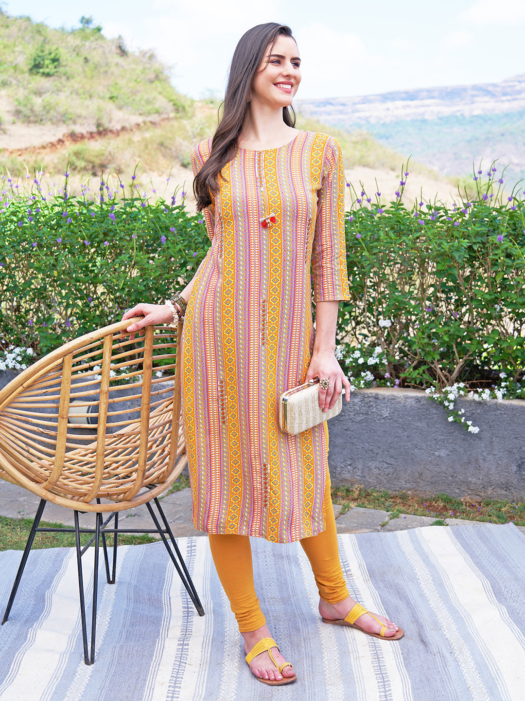 Ethnic Stripes Printed & Hand Embroidered Straight Fit Kurta - Yellow