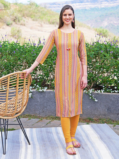 Ethnic Stripes Printed & Hand Embroidered Straight Fit Kurta - Yellow