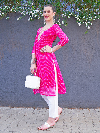 Leheriya Printed & Embroidered Straight Fit Kurta - Hot Pink