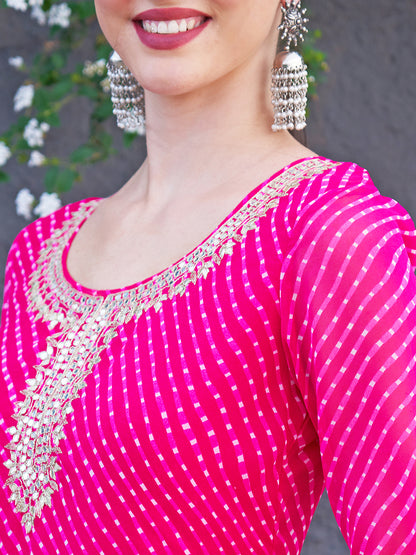 Leheriya Printed & Embroidered Straight Fit Kurta - Hot Pink