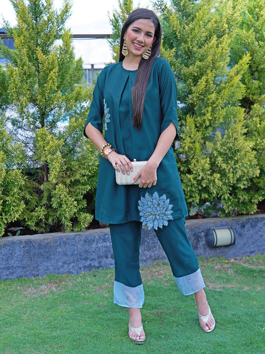 Floral Hand Embroidered Co-ords - Dark Green