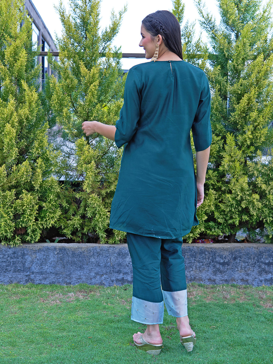 Floral Hand Embroidered Co-ords - Dark Green