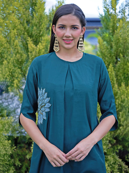 Floral Hand Embroidered Co-ords - Dark Green