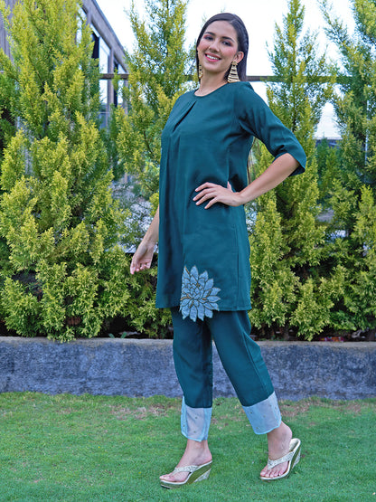 Floral Hand Embroidered Co-ords - Dark Green