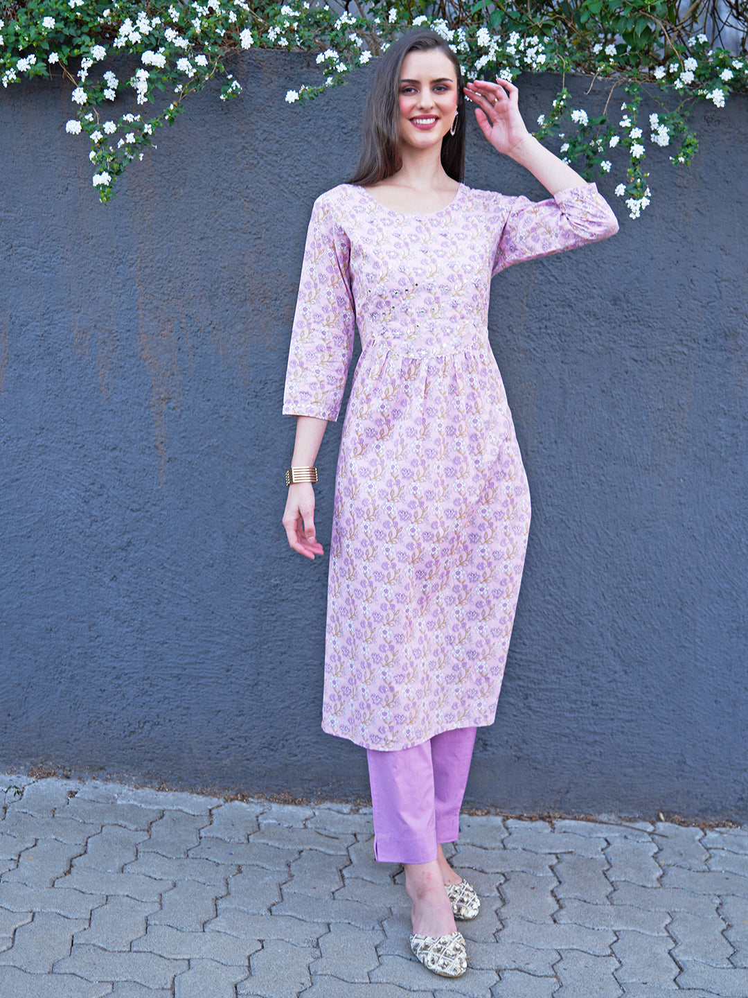 Floral Printed & Embroidered A-Line Kurta with Pants - Light Pink