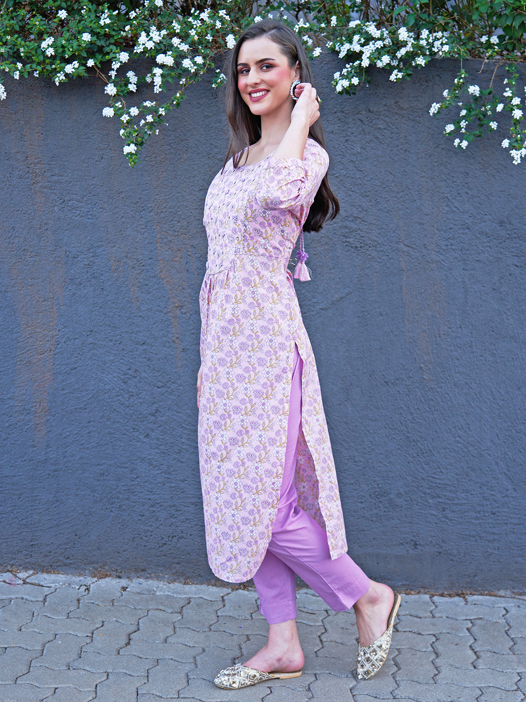 Floral Printed & Embroidered A-Line Kurta with Pants - Light Pink